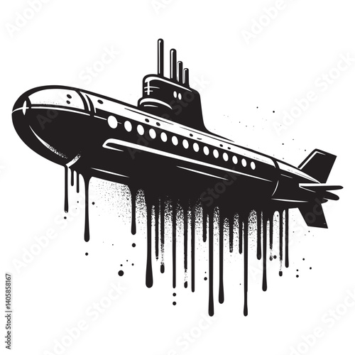 Monochrome submarine illustration with a stencil dripping and grunge effect