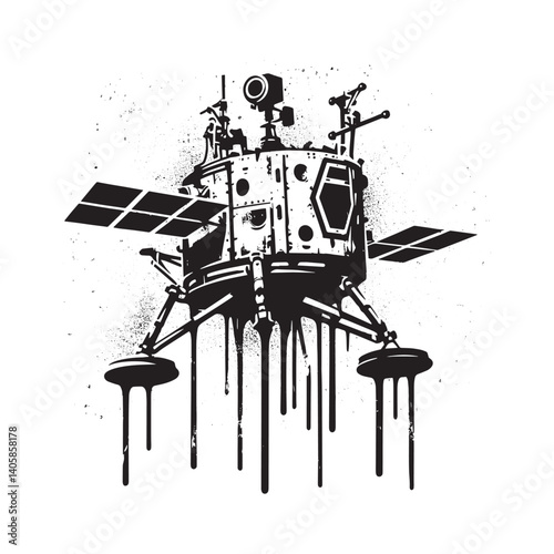 Monochrome stylized lunar lander with dripping spray paint effect isolated