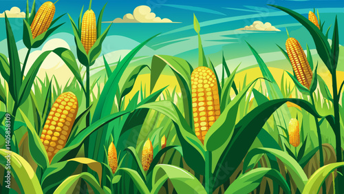 Green corn field with corn cobs close up.