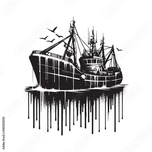 Monochrome trawler depiction with dripping spray paint effect artwork