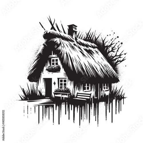 Monochrome Thatched Cottage Illustration in Grunge Stencil Vector Style