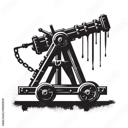 Monochrome Trebuchet Vector Illustration with Dripping Effects and Grunge Texture