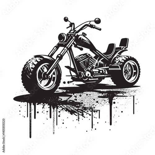 Monochrome trike motorcycle artwork with dripping spray paint effects
