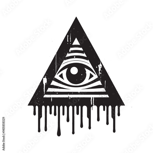 Monochrome triangle with an eye in a spray paint style dripping grunge texture
