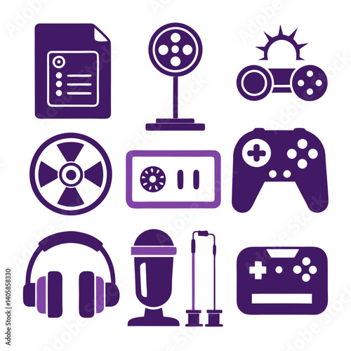 Purple icons: gaming, streaming, and multimedia symbols