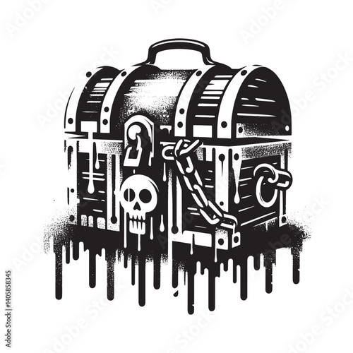 Monochrome Treasure Chest Illustration with Stencil and Grunge Elements