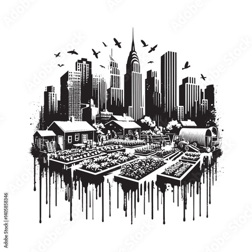 Monochrome Urban Oasis Community Garden Art Depicting City Harmony