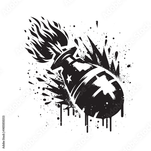 Monochrome vector illustration of a grunge incendiary bomb with flame trail