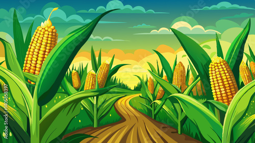 Green corn field with corn cobs close up.