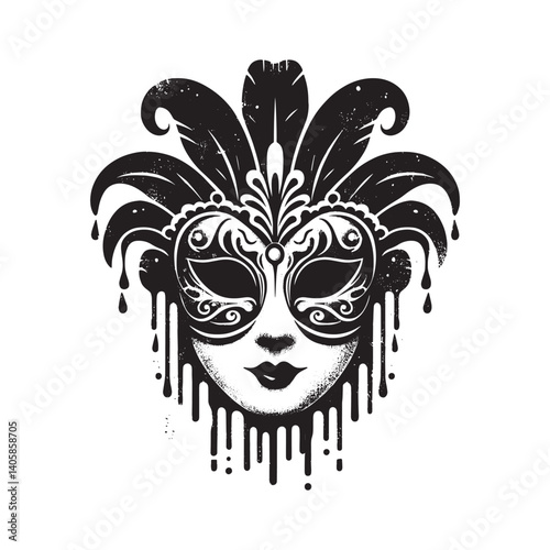 Monochrome Venetian carnival mask with dripping paint effect on white backdrop