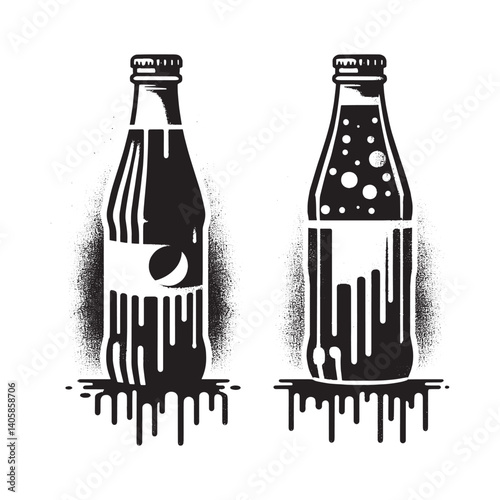 Monochrome vector illustration of two soda bottles with dripping liquid effect