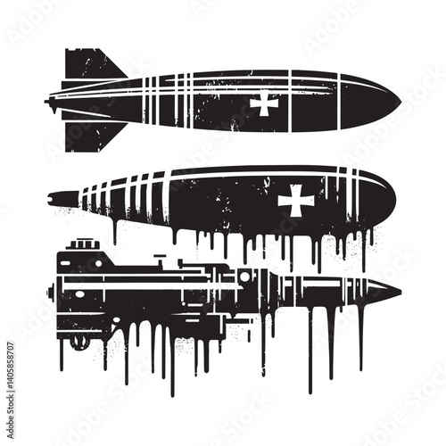 Monochrome War Machines Silhouettes Depicting Vintage Era Maritime Conflict