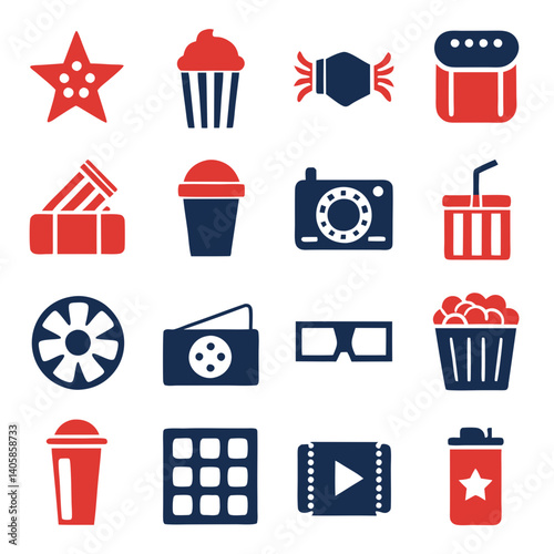 Cinema Icon Set in Red and Dark Blue Colors