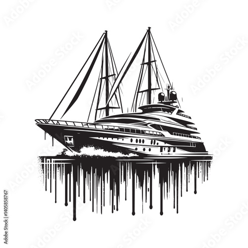 Monochrome yacht illustration with dripping paint effect and stencil design