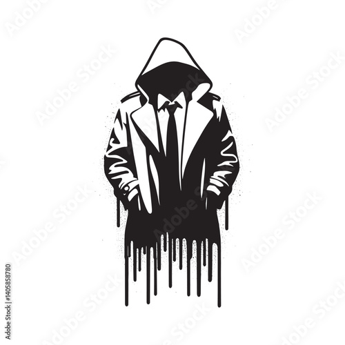 Mysterious figure in hooded coat, monochrome abstract vector illustration
