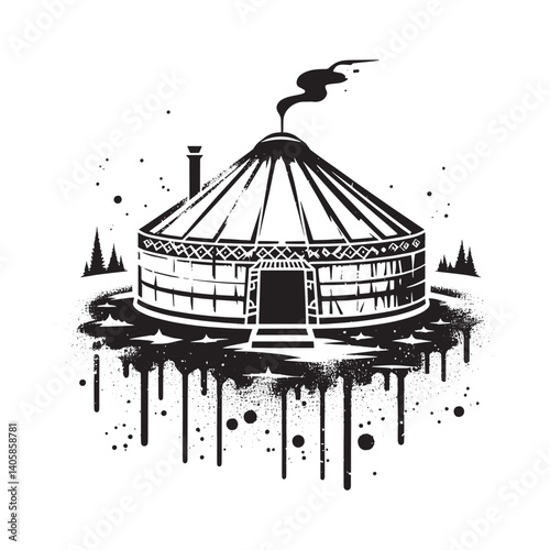Monochrome Yurt Depiction in Stencil Technique with Grunge Spray Effect