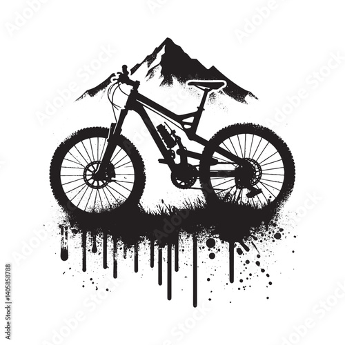 Mountain bike silhouette with mountain backdrop in grunge dripping style