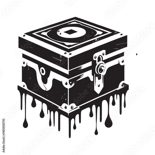 Mysterious box in grunge vector style with dripping paint and cutout design