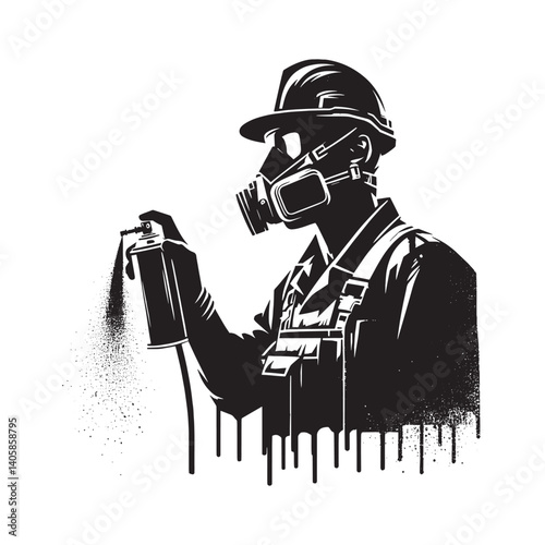Monochrome worker with spray paint can abstract illustration