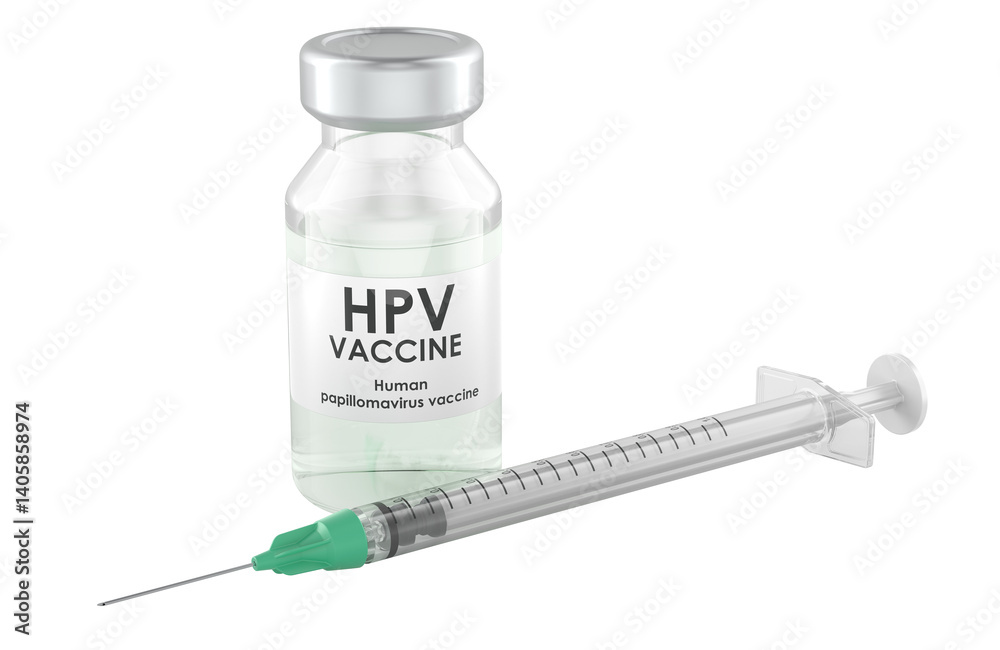 HPV Vaccine in vial with syringe. Human Papillomavirus Vaccination, concept. 3D rendering isolated on transparent background
