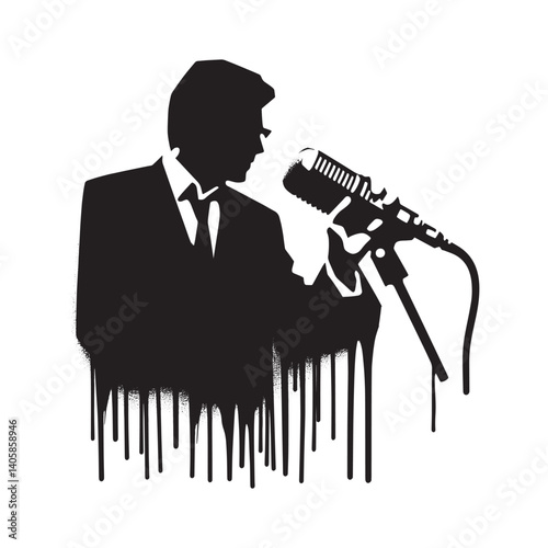 Retro broadcaster presenting speech with microphone dripping spray paint effect