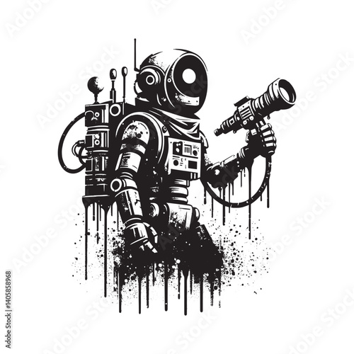 Retro Robotic Explorer with Telescope in Monochrome Stencil Style