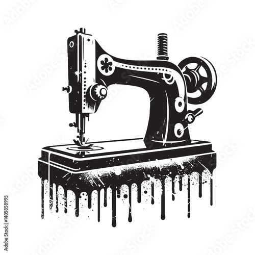 Retro Sewing Machine in Black and White with Abstract Grunge Texture