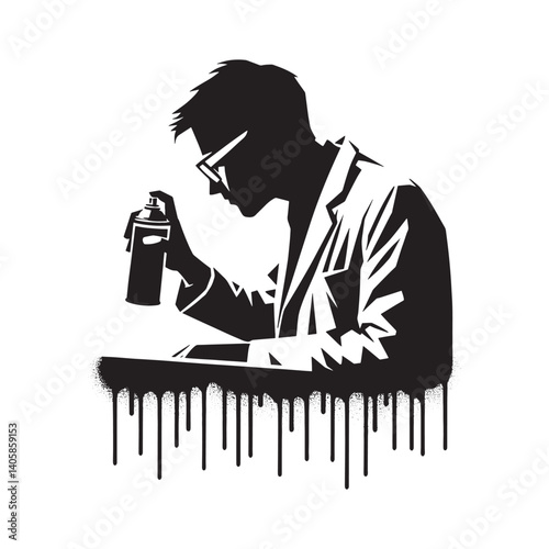 Scientist uses spray paint, stencil art style in black and white design