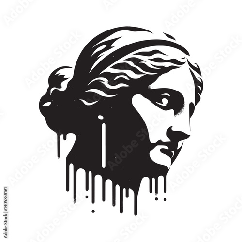Sculptural visage in monochrome drip effect artwork minimalist vector art