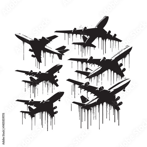 Silhouette airplanes artwork dripping paint urban style stencil grunge texture