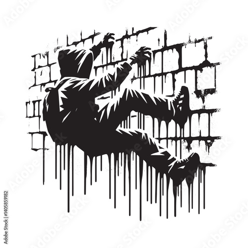 Silhouette Climber on Brick Wall with Dripping Paint in Stencil Style Art