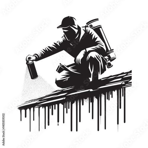 Silhouette of a roofer spray painting, graphic design element with drip effect