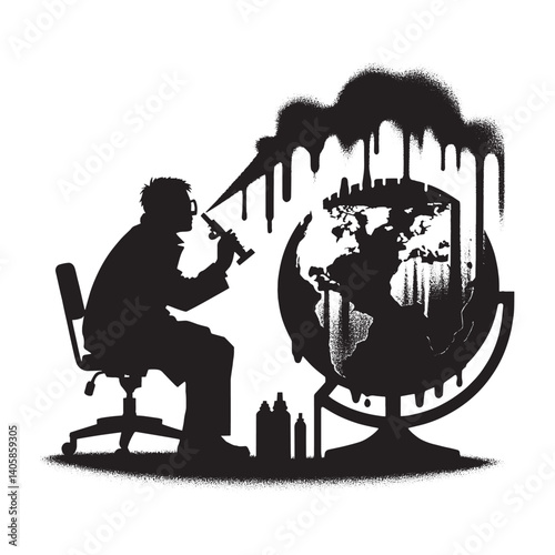 Silhouette of a scientist spraying liquid onto a world globe in grunge style