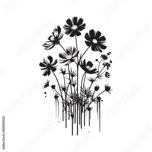 Silhouette wildflowers composition with grunge spray paint texture details