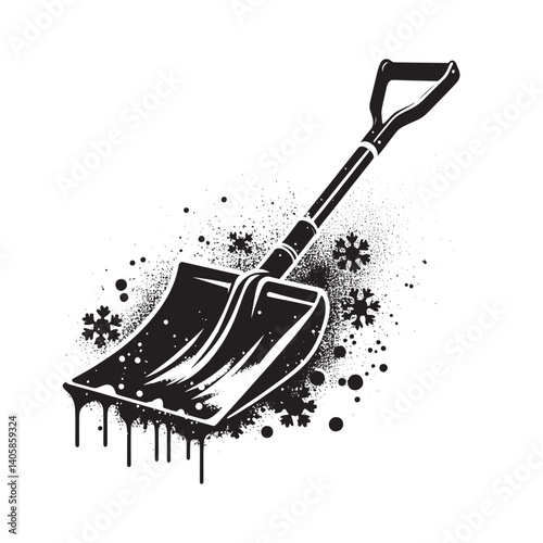 Snow shovel stencil art with grunge texture and spray effect background