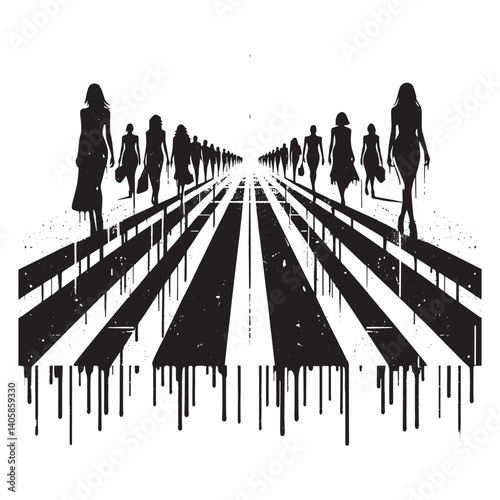 Silhouetted figures navigate a stark runway evoking abstract expressionism