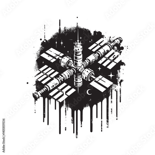Space Station in stencil style, flat, dripping spray, grunge, minimalist, vector, bw, cutout, isolated white2349