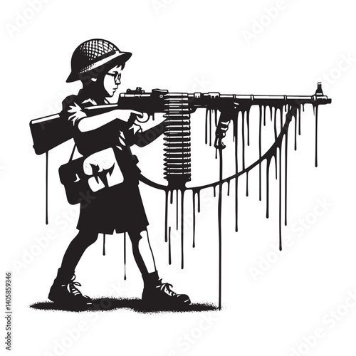 Stencil Art Depicting a Child Soldier with Anti-Tank Rifle in Wartime