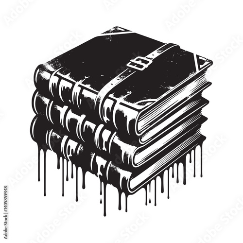 Stacked leather-bound books with drips in grunge vector art style