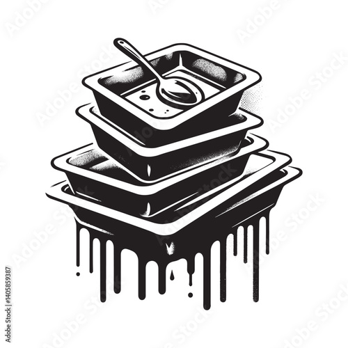 Stacked serving trays with dripping paint effect in stencil style illustration