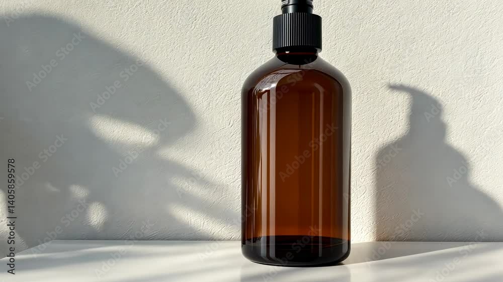 Amber Bottle with Dispenser on White Shelf Amber Bottle with Dispenser on White Shelf