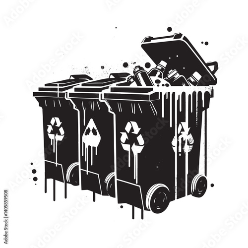 Striking monochrome image showcases stenciled compost bins with grunge effect