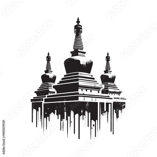 Striking monochrome stupa illustration with a grunge and spray paint effect