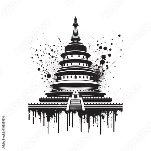 Striking Stupa Silhouette in Grunge Style with Dripping Spray Paint Effect