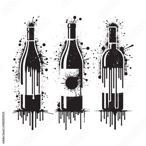 Striking Wine Bottles Trio in Grunge Style with Splatter Effects Illustration