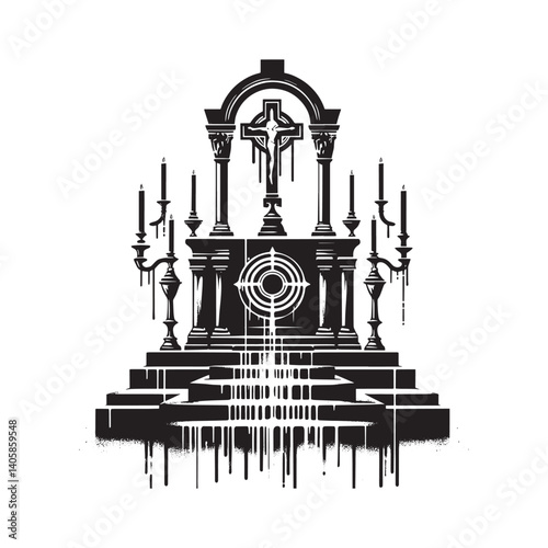 Stylized Altar with Cross Drips in Grunge Vector Black and White Isolated