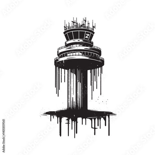 Stylized air traffic control tower with distressed dripping paint effects