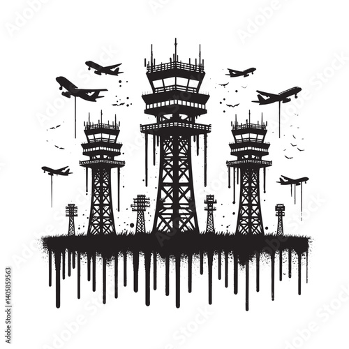 Stylized airport control towers in monochrome vector art illustration