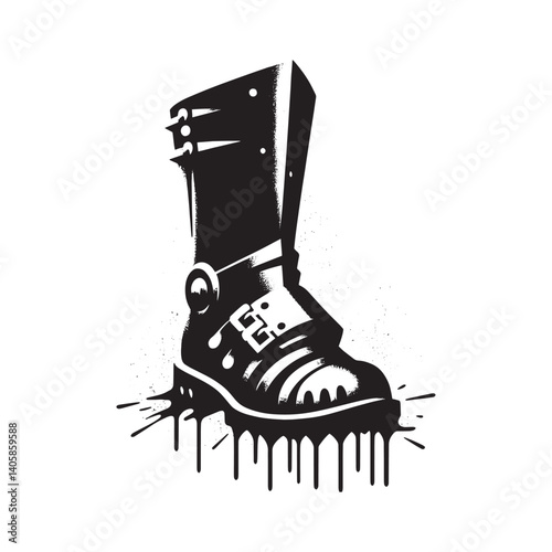 Stylized armored boot illustration with drips and splatters in black and white