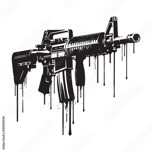 Stylized Assault Rifle Graphic with Dripping Paint Effect on White